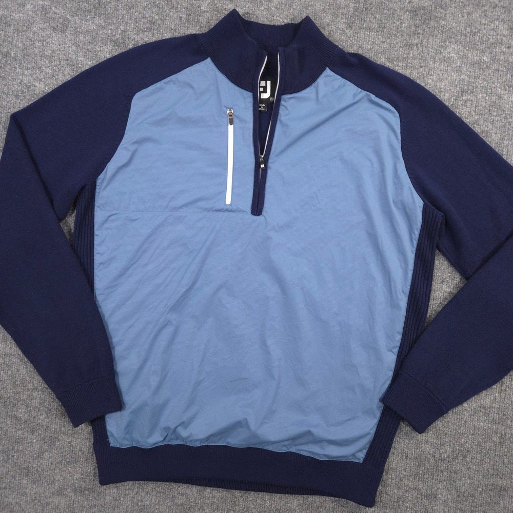FootJoy Tech Sweater Mens Small Blue Wool Blend Hybrid Performance Golf Pullover